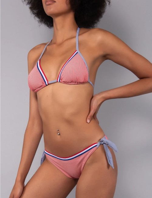 Bikini Triangolo Imbottito e Slip Annodato Righe